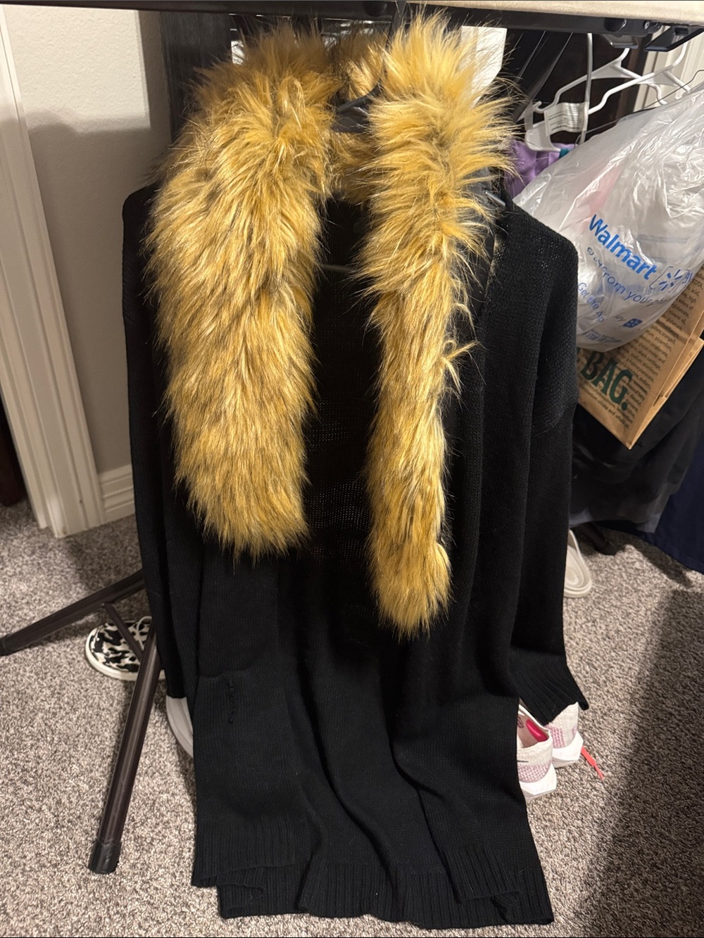 Vici Black Sweater Coat with Mustard Faux Fur Trim